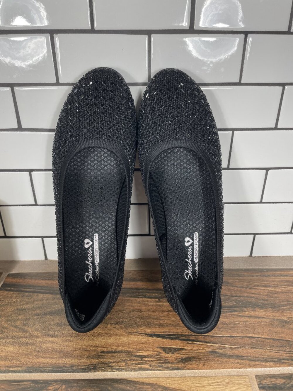 Skechers Cleo Flex Wedge Nova Glam Shoes Womens Size 9 Black Rhinestone Flat - Picture 6 of 13